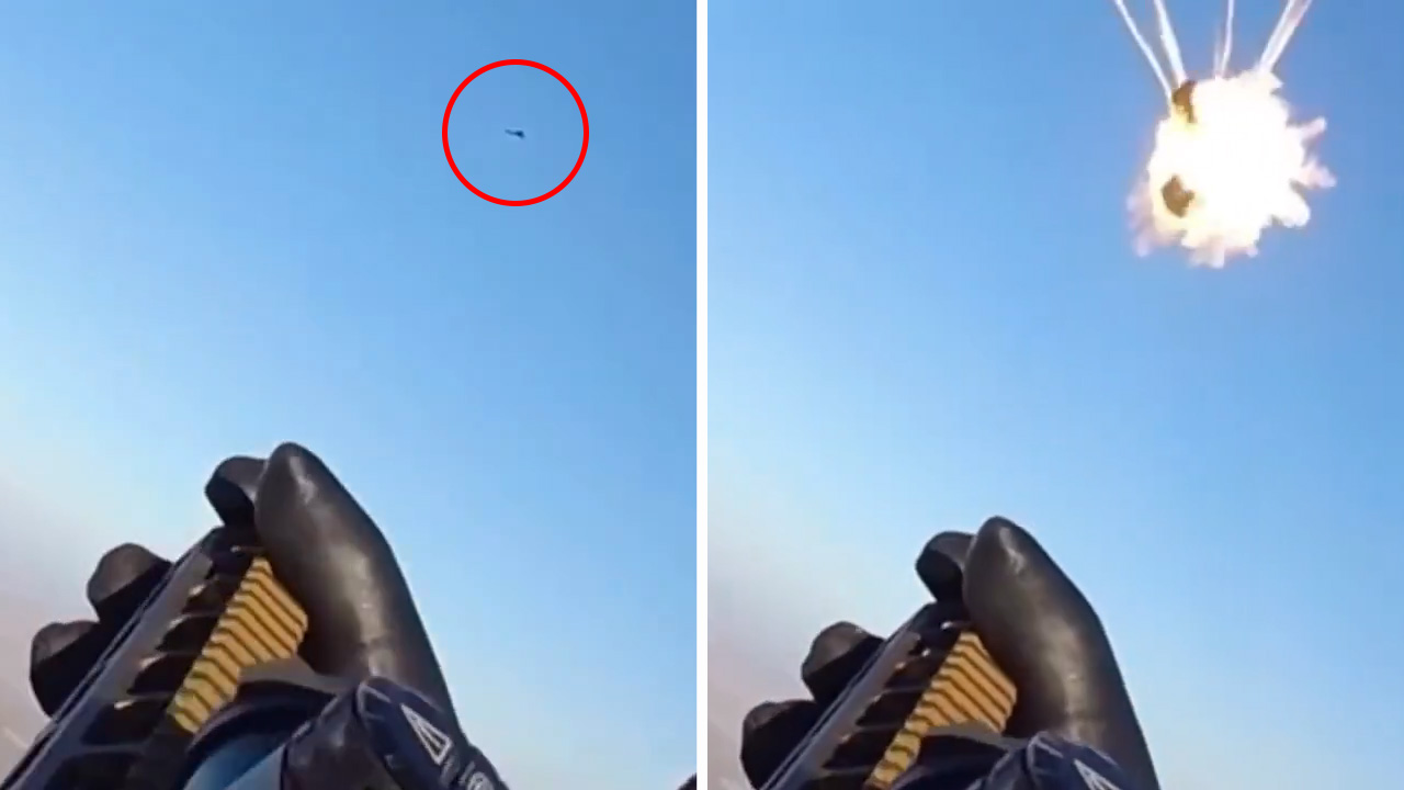 Video Shows Russian Geran Drone Shot Down by Rifle-Armed Ukrainian Yak-52 Crew